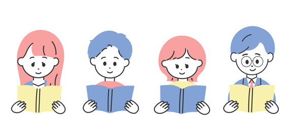 本を読んでいる4人の男女のイラスト