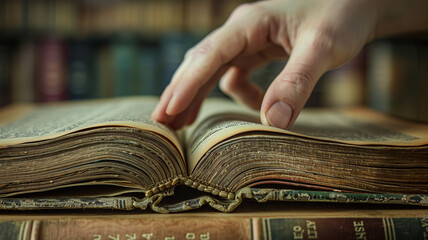Obraz premium Hand gently turning the pages of a vintage book