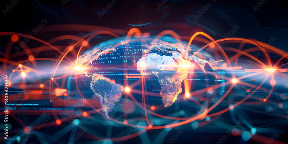 Wall mural earth globe with world map, telecommunication and data transfer networks with global internet and ar