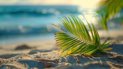 A vibrant and detailed shot of a palm leaf on a sandy beach with a beautifully blurred bokeh ocean background, perfect for a travel magazine's feature article