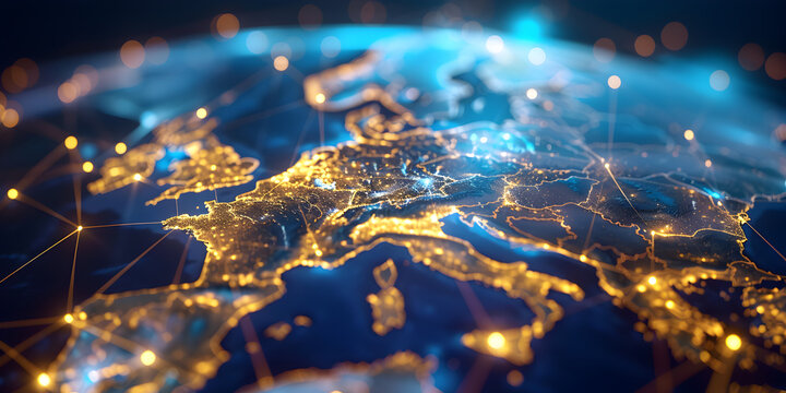 Earth globe with Erope map, telecommunication and data transfer networks with global internet and artificial intelligence connectivity for communication technology