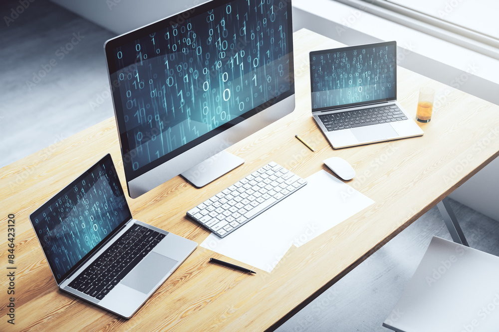 Aufkleber Creative concept of binary code illustration on modern laptop screen. Big data and coding concept. 3D Rendering