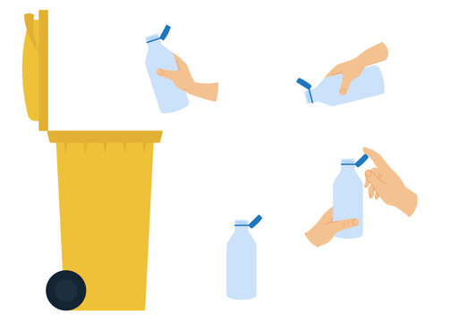 New tethered caps in EU. Hand holding bottle with cap tethered. Throwing empty plastic bottle with tethered cap into special recycling garbage bin Vector illustration. 