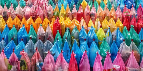 Multiple rows of tightly packed colorful plastic bags filled with different goods, creating a vivid and vibrant visual pattern representing abundance and diversity.