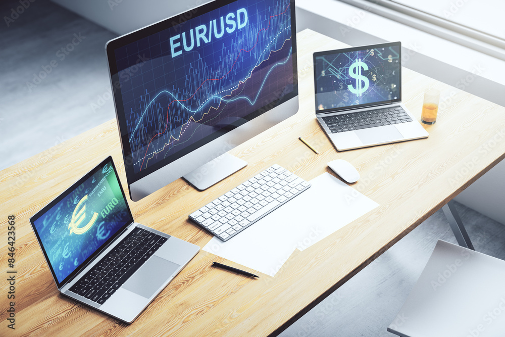 Poster creative euro usd forex graph sketch on modern laptop monitor, strategy and forecast concept. 3d ren