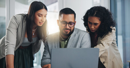 Group, people and together for ideas, solution or decision for business, workplace or company. Teamwork, winner and technology for coworking, collaboration and coworking in online meeting for project