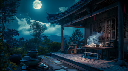 Tranquil Zen Temple Under Full Moon with Glowing Lanterns and Alchemy Tools