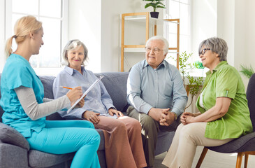 Naklejka premium Caring kind nurse, geriatric medicine caretaker talk, creative activities for nursing home resident. Senior adults living in assisted living, doctor visit caregiving service, psychological support