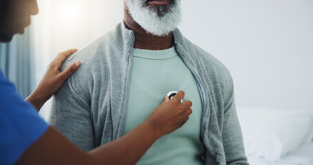 Senior, man and nurse with stethoscope on heart for heartbeat assessment, cardiovascular health or asthma. Elderly patient, doctor and cardiology in hospital for lung disease, chest infection or help