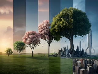 A stunning 3D render of a tree's evolution from a small sapling to a majestic, fully grown tree. The first image shows the young sapling in a lush green forest, surrounded by tall, mature trees. As th