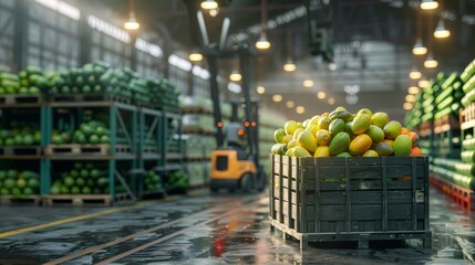 Industrial scene with forklift moving crates of papayas, highlighting the logistics of fruit shipment