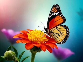 Obraz premium Beautiful orange and yellow butterfly in a beautiful orange flower