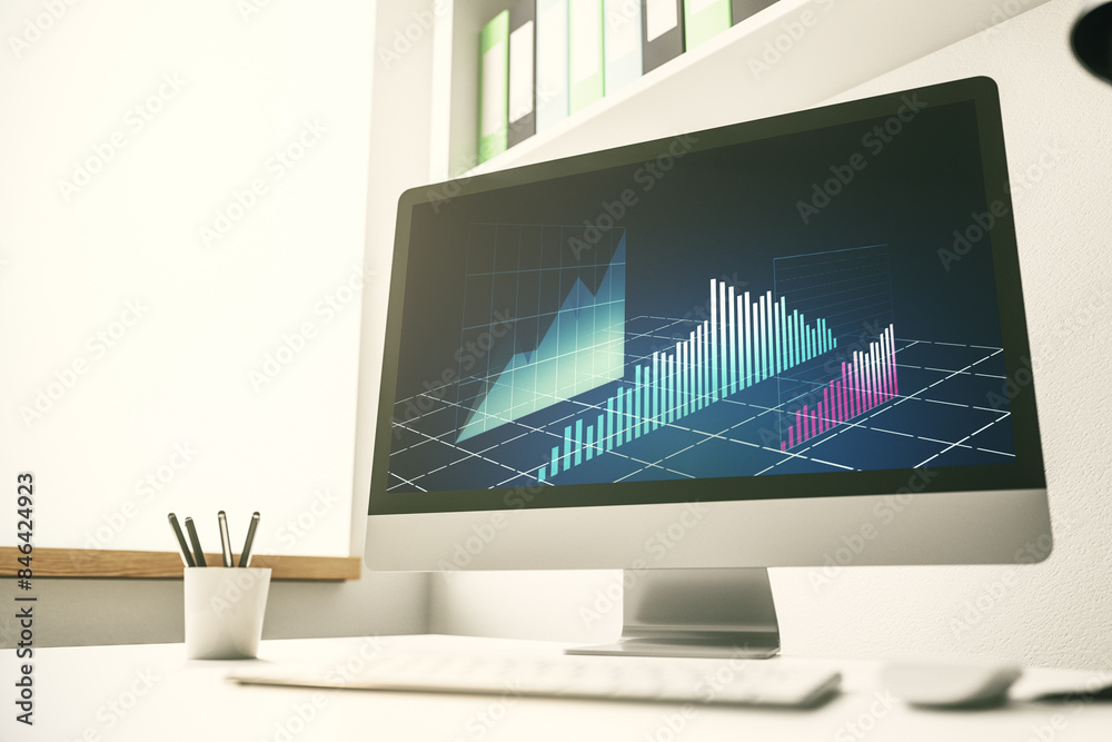 Aufkleber Modern computer monitor with abstract creative financial chart, research and strategy concept. 3D Rendering