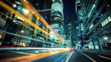 Blurred city lights streaking at night