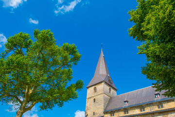 Fototapeta premium Trees and an old church in sunlight in summer, Voeren, Limburg, Belgium, June, 2024
