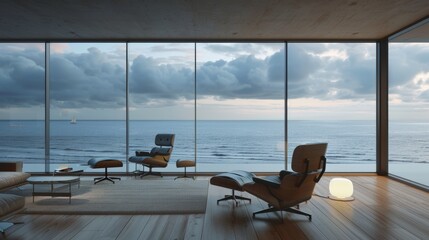 Fototapeta premium A modern living room wooden floor and a large window overlooking the ocean.