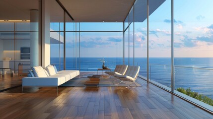 Fototapeta premium A modern living room with beige walls, wooden furniture and a large blank wall mockup.