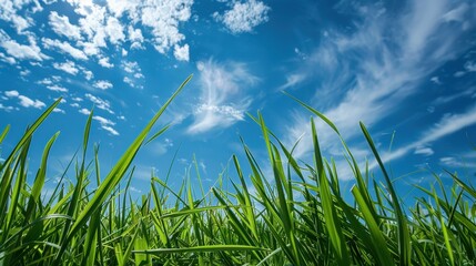 Obraz premium Green Grass Blades Against a Blue Sky.