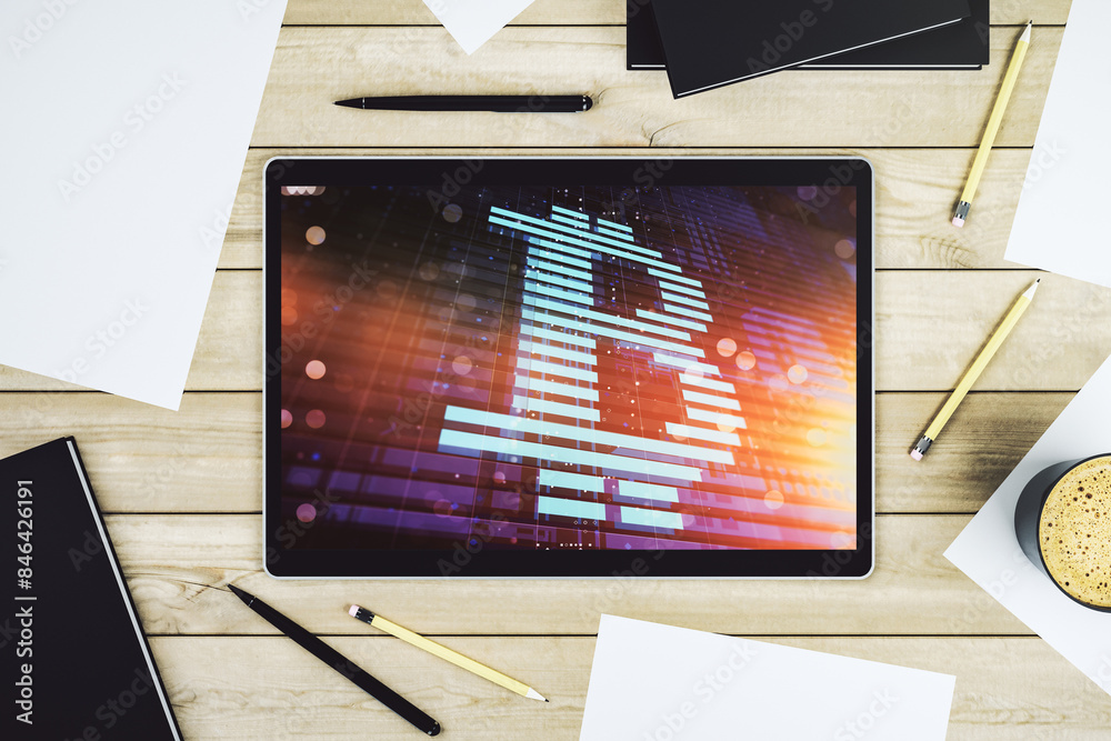 Poster Creative Bitcoin concept on modern digital tablet display. Top view. 3D Rendering