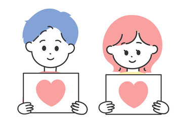 ハートのフリップを持つスーツの男女のイラスト
