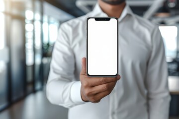 Close-up of a businessman holding a smartphone with a blank screen, ready for presentation or app display, highlighting modern mobile technology in the office, Gernerative AI