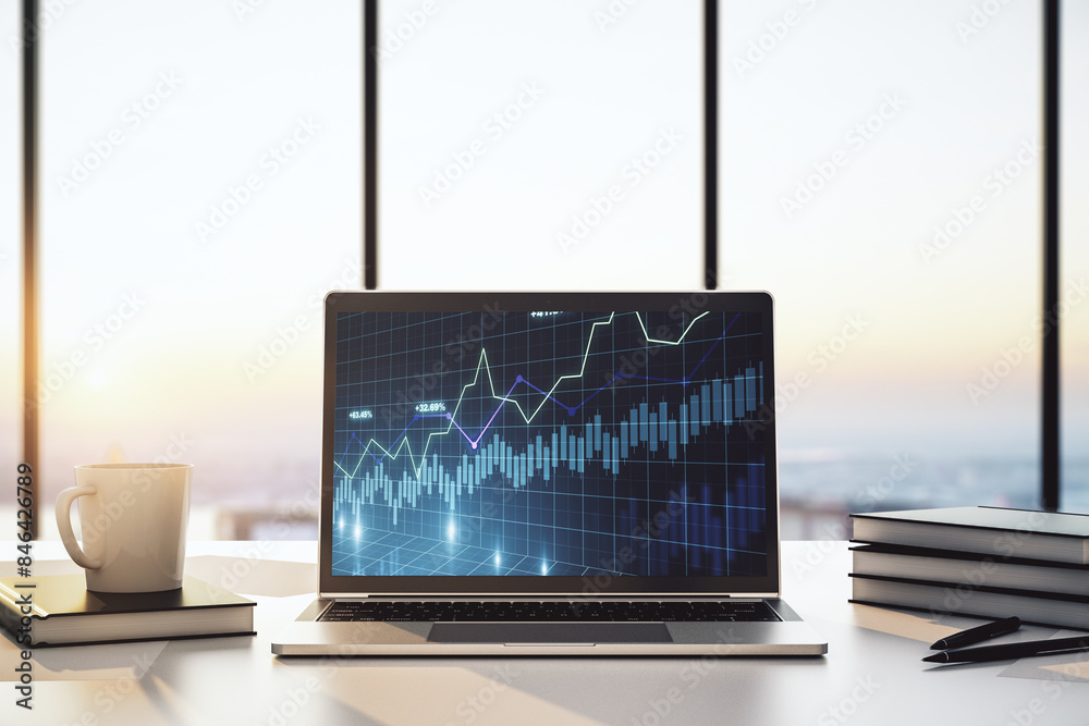 Poster Computer monitor with abstract financial graph, finance and trading concept. 3D Rendering