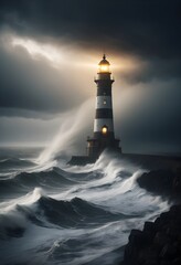 A lighthouse standing tall against a stormy sea
