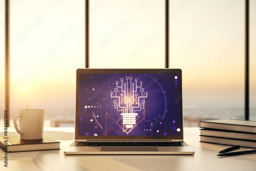 Poster Creative idea concept with light bulb and microcircuit illustration on modern laptop screen. Neural networks and machine learning concept. 3D Rendering
