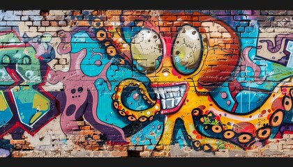 Obraz premium Underwater Menace: Intriguing Street Art Featuring a Sinister Octopus on an Old Brick Wall