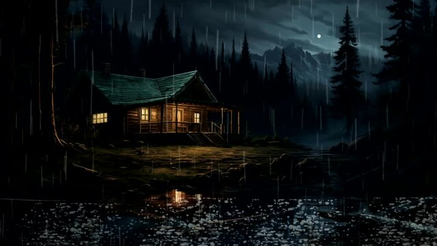 A cabin in the middle of the forest at night with rain falling, for relaxing background music. seamless looping time-lapse video background