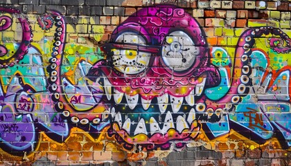 Fototapeta premium Octo-Graffiti: A Vibrant Street Art Encounter on the Old Brick Wall