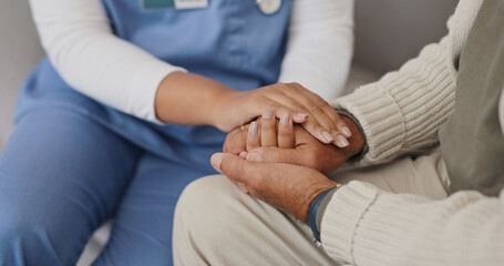 Senior care, support or nurse holding hands with person for healthcare service, wellness or...