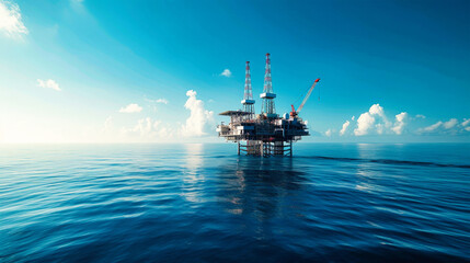 A single oil and gas production platform, standing on stilts, stands tall in the middle of the ocean, surrounded by calm blue waters and white fluffy clouds