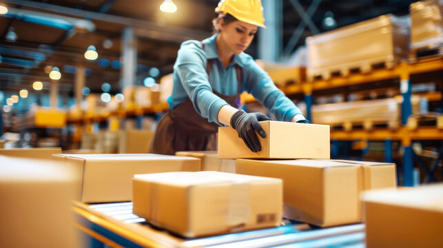 A woman wearing a hard hat and gloves is seen moving boxes in a warehouse setting