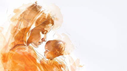 A watercolor painting depicting the Virgin Mary holding the baby Jesus in her arms. The image is soft and warm, with a focus on the gentle gaze between mother and child