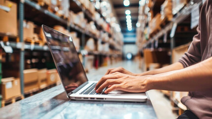 A warehouse worker diligently updates inventory records on a laptop amidst a backdrop of towering shelves and packed boxes