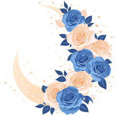 Watercolor illustration of roses and crescent moon in pastel colors