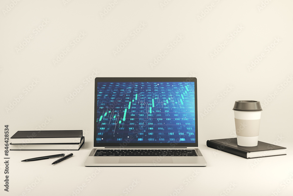 Poster Stats data illustration on modern laptop monitor, computing and analytics concept. 3D Rendering