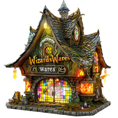 Fototapeta premium Watercolor illustration of a whimsical wizard shop with colorful lights