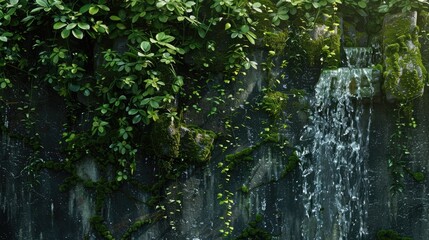Trickling Water on a Wall Covered with Moss Varied Textures in a Spring Setting