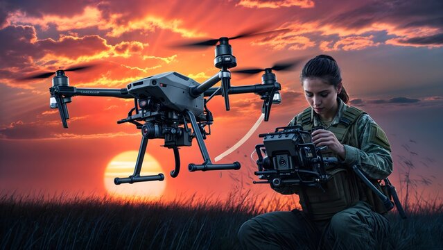 Female Soldier drone pilot Quadro copter for reconnaissance during military operation against the background of a sunset