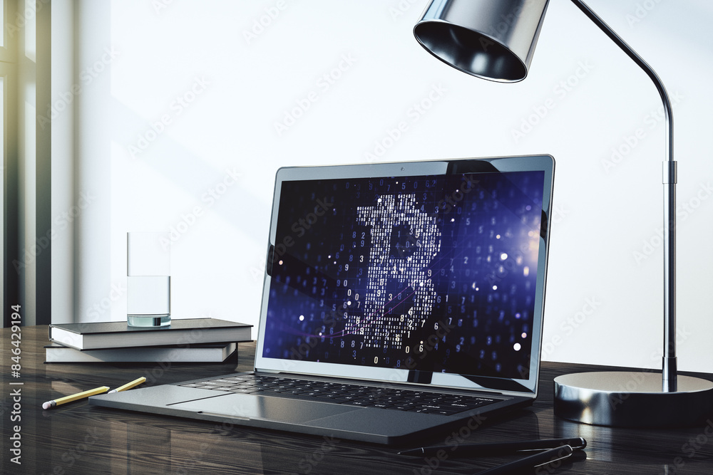 Poster creative bitcoin concept on modern laptop screen. 3d rendering
