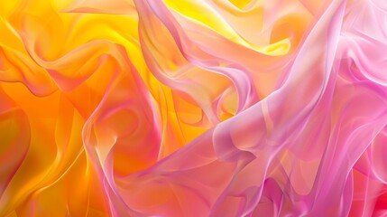 Obraz premium Abstract Pink and Yellow Fabric Background. The image features a close-up of a pink and yellow sheer fabric with flowing folds and a soft, dreamy quality.