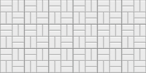 Ceramic pattern background. White kitchen backsplash. Tile subway wall. Apron faience print. Cement texture. Seamless brick metro. Retro rectangle brickwall. Vintage stone surface. Vector illustration