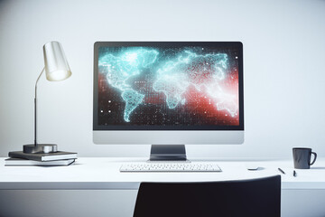 Modern computer display with abstract graphic world map, big data and networking concept. 3D Rendering