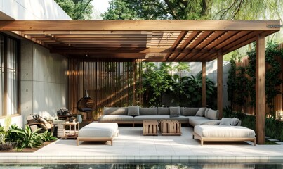 Fototapeta premium A modern wooden pergola with an outdoor seating area featuring comfortable sofas and chairs