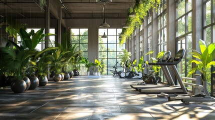 Modern gym with empty spaces, lush green plants, promoting a healthy lifestyle, bright and inviting atmosphere