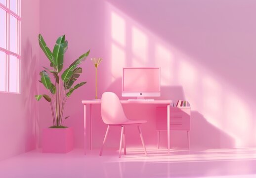 A pastel pink desk with a chair and computer, a 3D rendered illustration in simple shapes in a minimalistic