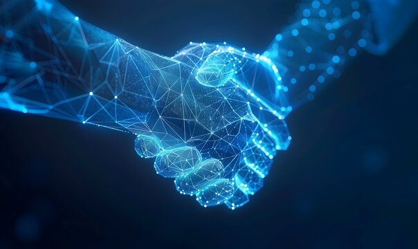 Abstract digital glowing low poly wireframe handshake on a blue background, a concept of business cooperation in the style of clothwaw king work tele
