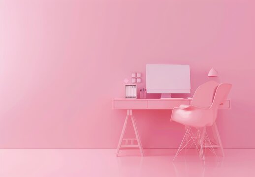 A pastel pink desk with a chair and computer, a 3D rendered illustration in simple shapes in a minimalistic